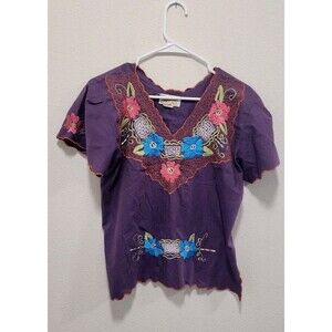 Maya Real Shortsleeve Floral Embroidered Purple Shortsleeve Art To Wear Top Sz S
